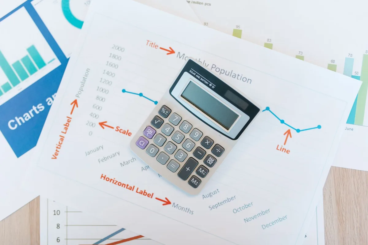 Graphiques et calculatrice sur un bureau pour analyser les ratios financiers d'une entreprise